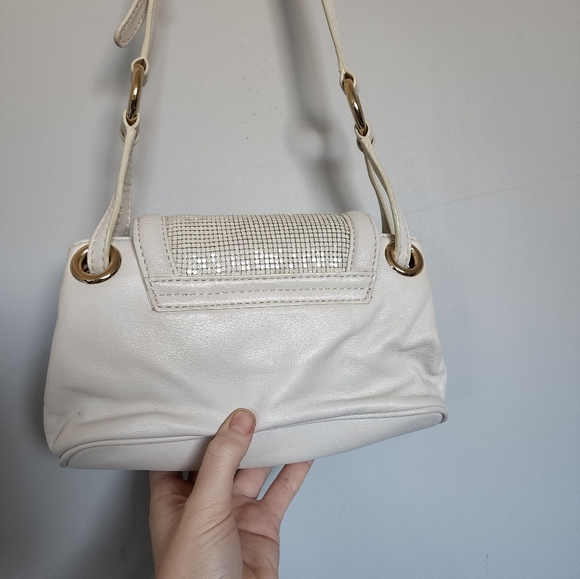 Oroton Cream Small Bag Long Strap Gold Leather Glomesh Couch Crossbody - Picture 5 of 10